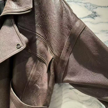 Women Brown Genuine Leather Trench Coat Retro Motorcycle