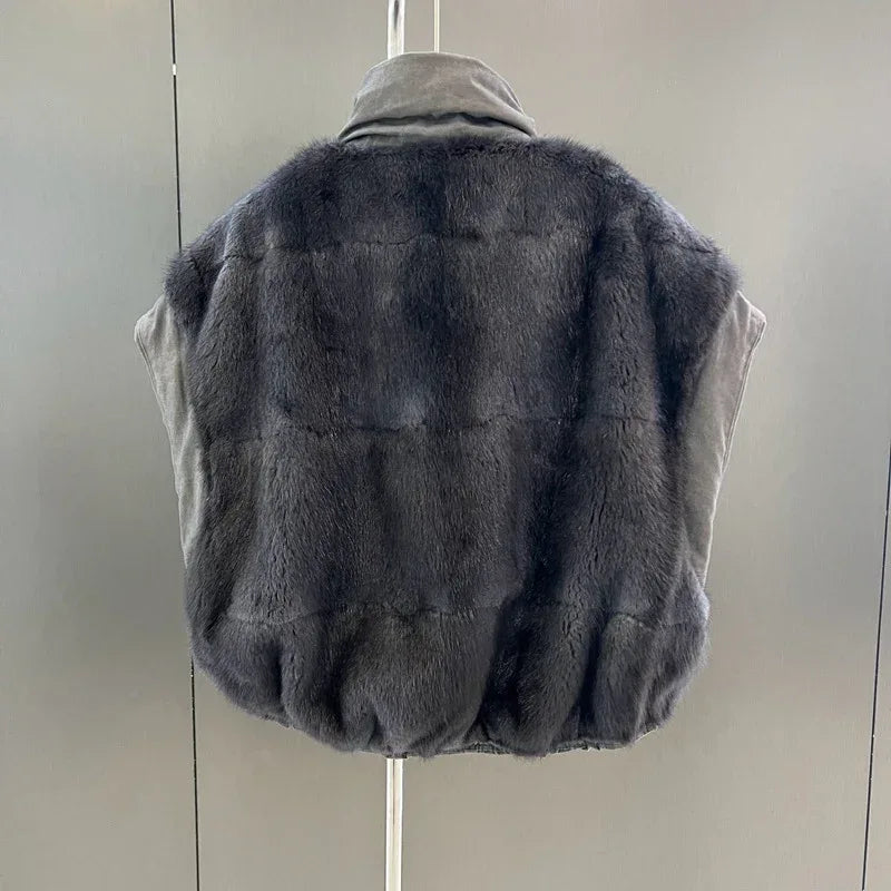 Reversible Mink Fur Down Vest Short Turtleneck