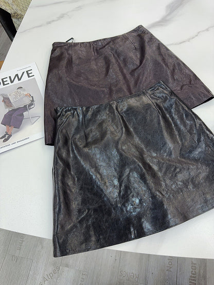 Women’s Leather Mini Skirt High Waist Oil Wax A-Line