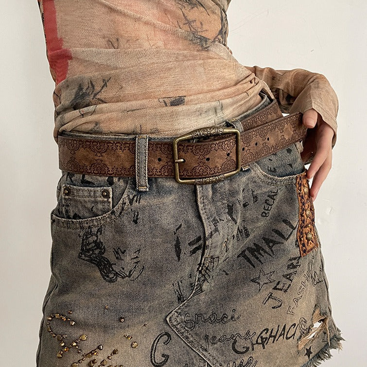 Vintage Printed Faux Leather Belt for Women