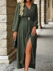 Olive Green V Neck Long Sleeve Belted High Slit Maxi Dress