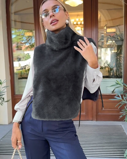 Women Faux Fur Sleeveless Vest Top High Collar