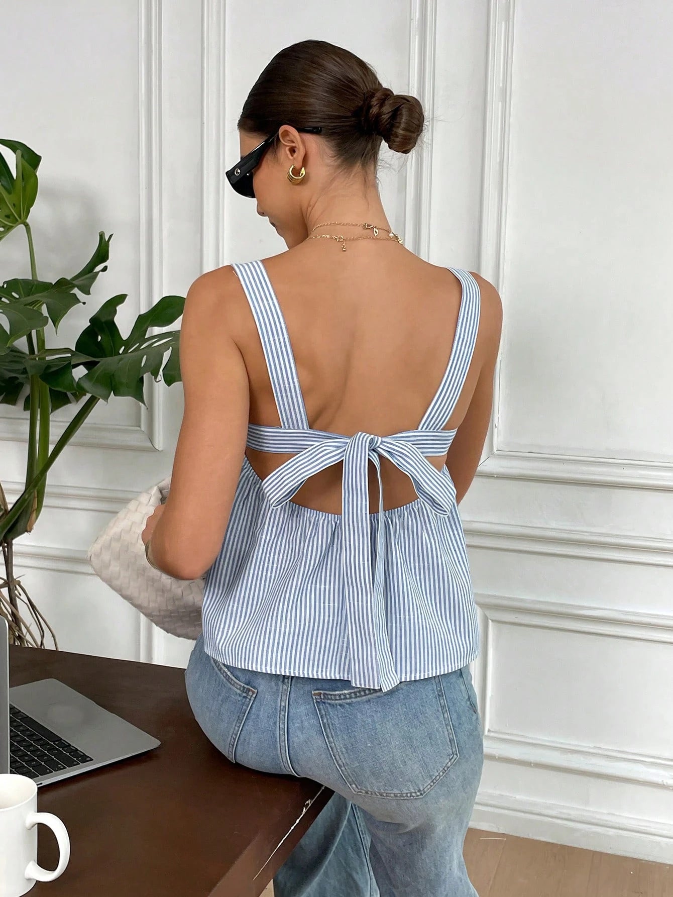 Knotted Back Striped Blouse
