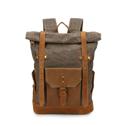 Canvas Backpack with Roll Top, Brown Trim and Organized Storage
