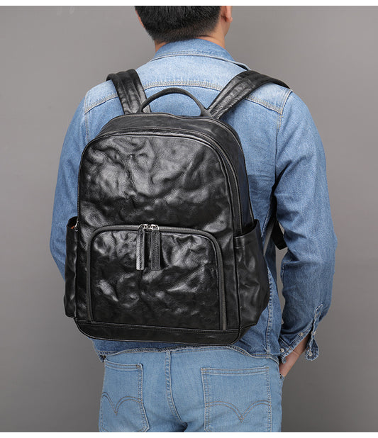Genuine Black Leather Men’s Backpack with Trolley Sleeve