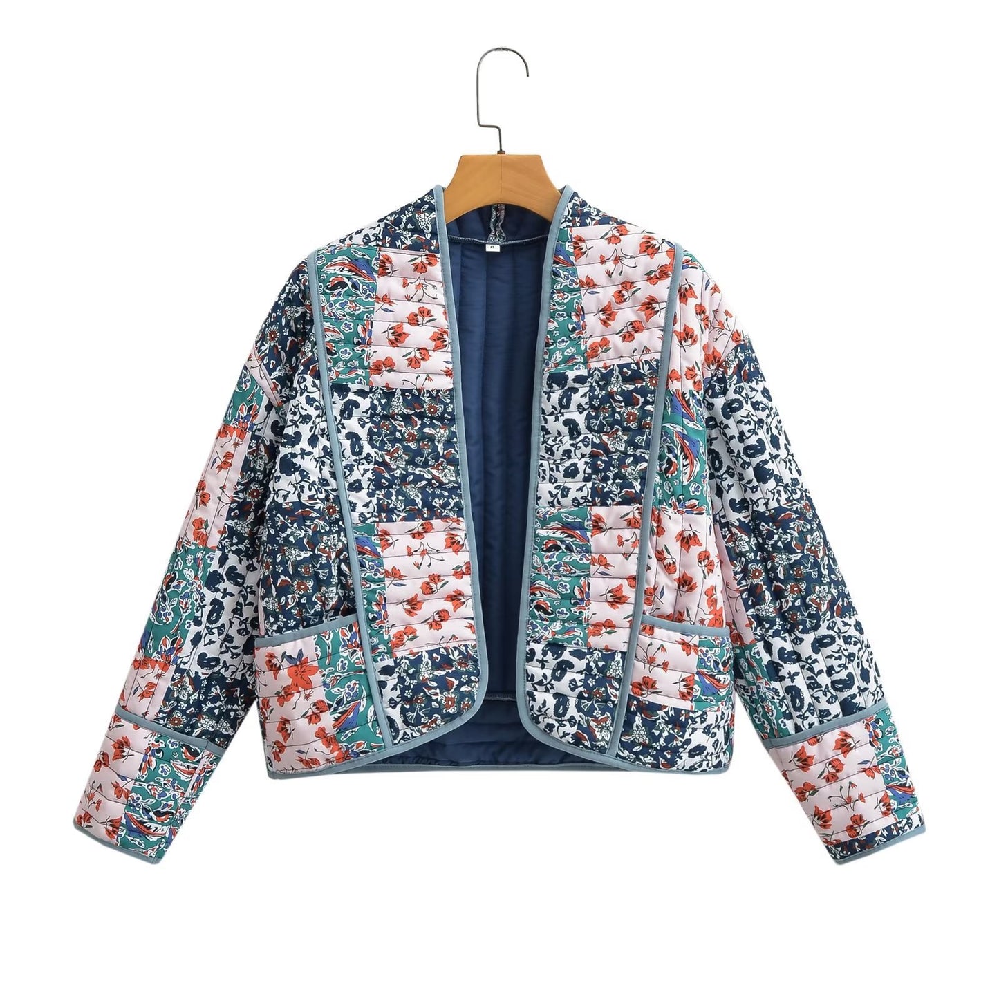 Women Patchwork Floral Print Woven Coat Quilted Polyester Jacket