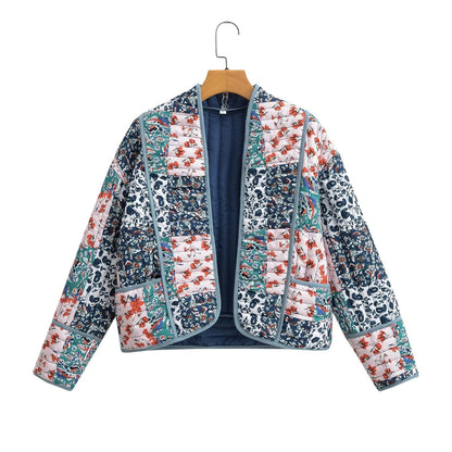 Women Patchwork Floral Print Woven Coat Quilted Polyester Jacket