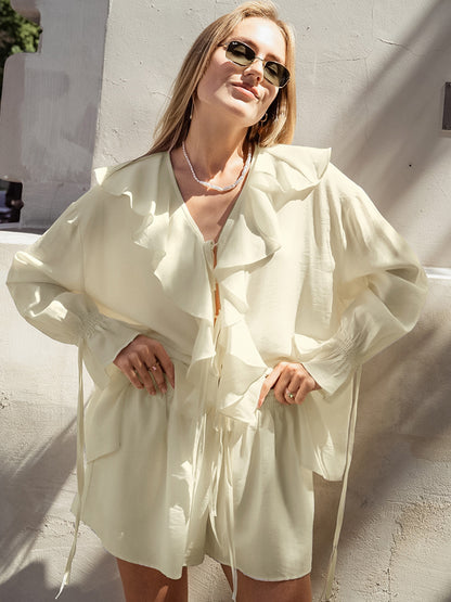 Ruffled Lace-Up Top and Shorts Set for Women Two-Piece Outfit