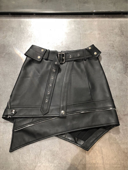 High-Waisted Irregular Hem Motorcycle Leather Mini Skirt