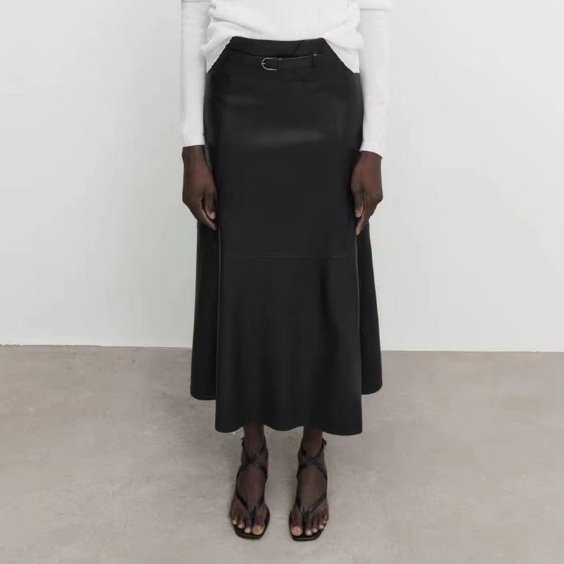 Women’s Genuine Leather High Waist Midi Skirt