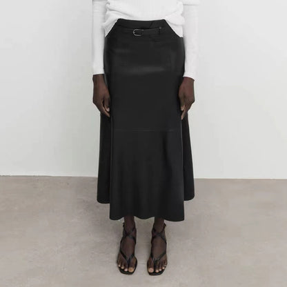Women’s Genuine Leather High Waist Midi Skirt