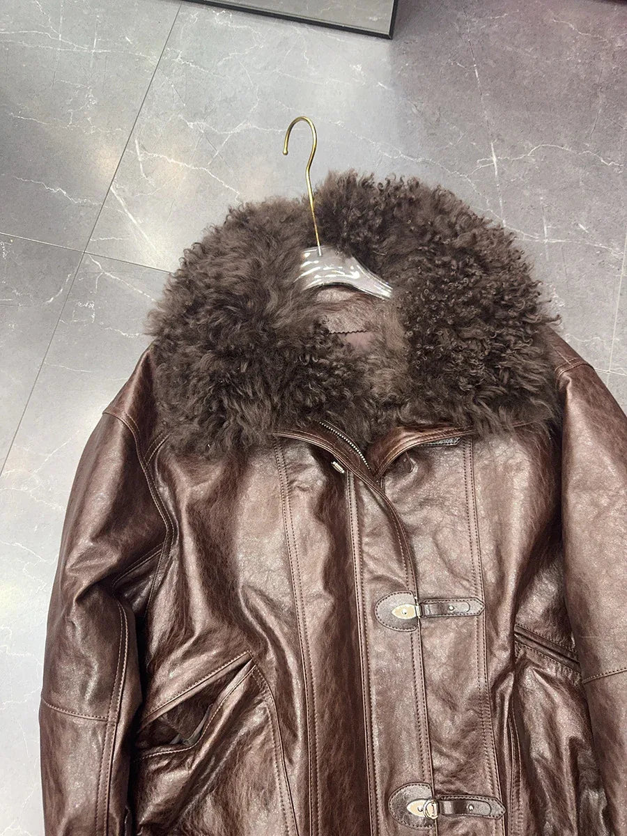 Genuine sheepskin leather jacket with fur collar