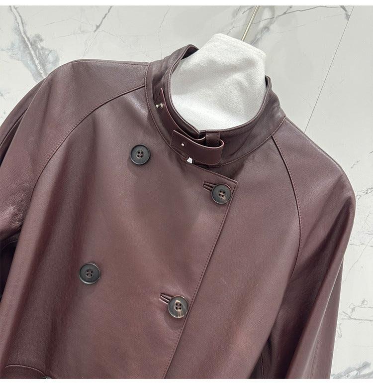 Women sheepskin leather trench coat long belt - Boho Living Room