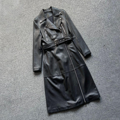 Women long leather trench motorcycle coat - Boho Living Room