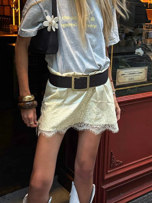 Satin Lace Splicing High Waist Mini Skirt for Women