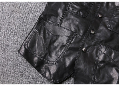 Men Leather Vest Sheepskin Black V-Neck Button Waistcoat