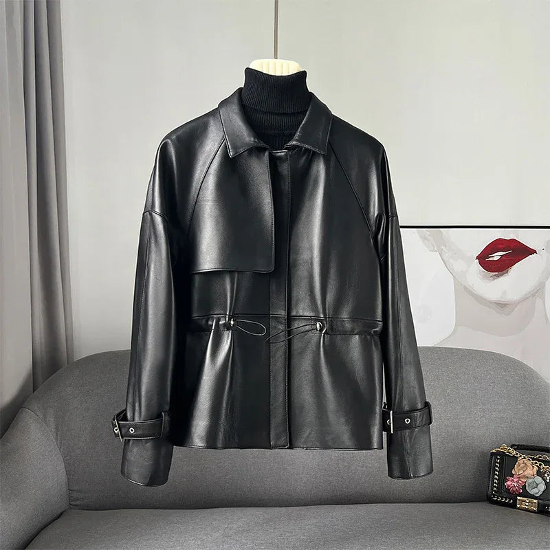 Women black leather jacket with draw string
