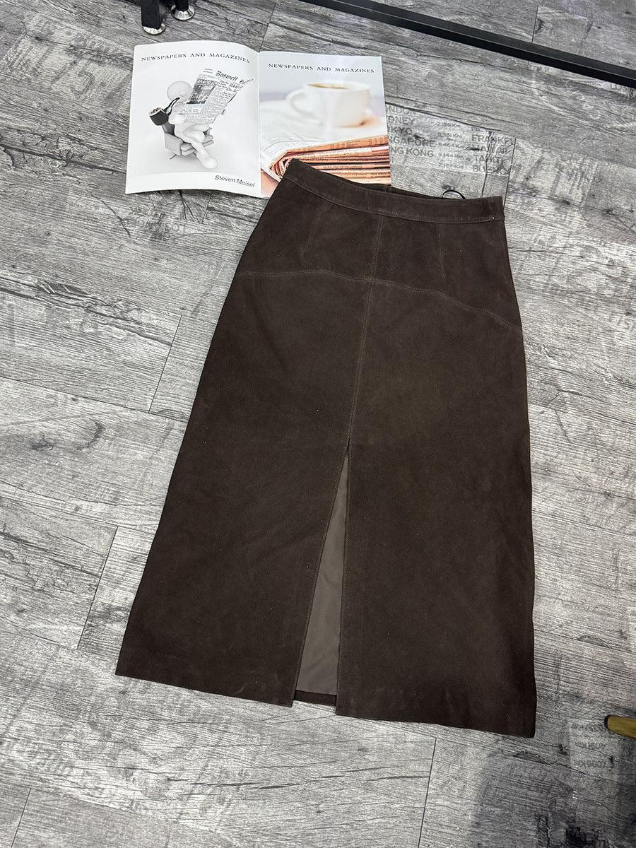 Brown Suede Midi Skirt Women Sheepskin Over-the-Knee Skirt