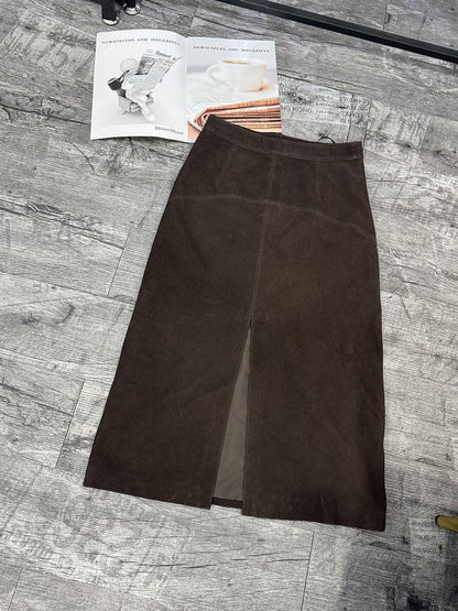 Brown Suede Midi Skirt Women Sheepskin Over-the-Knee Skirt