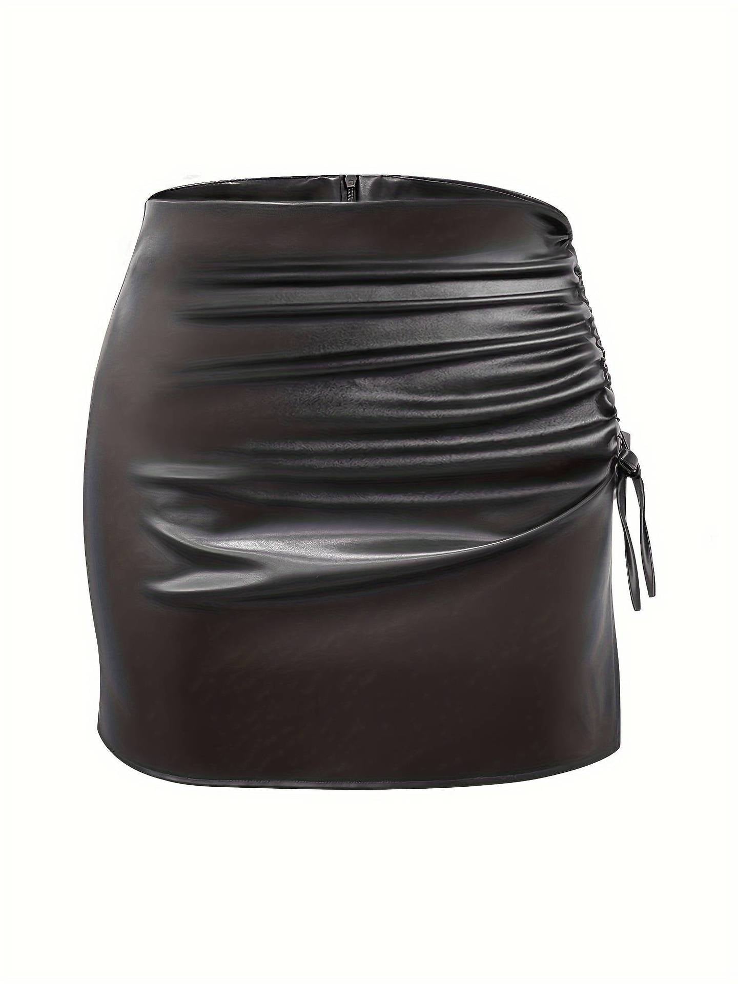Black Faux Leather High Waisted Mini Skirt with Drawstring Slit