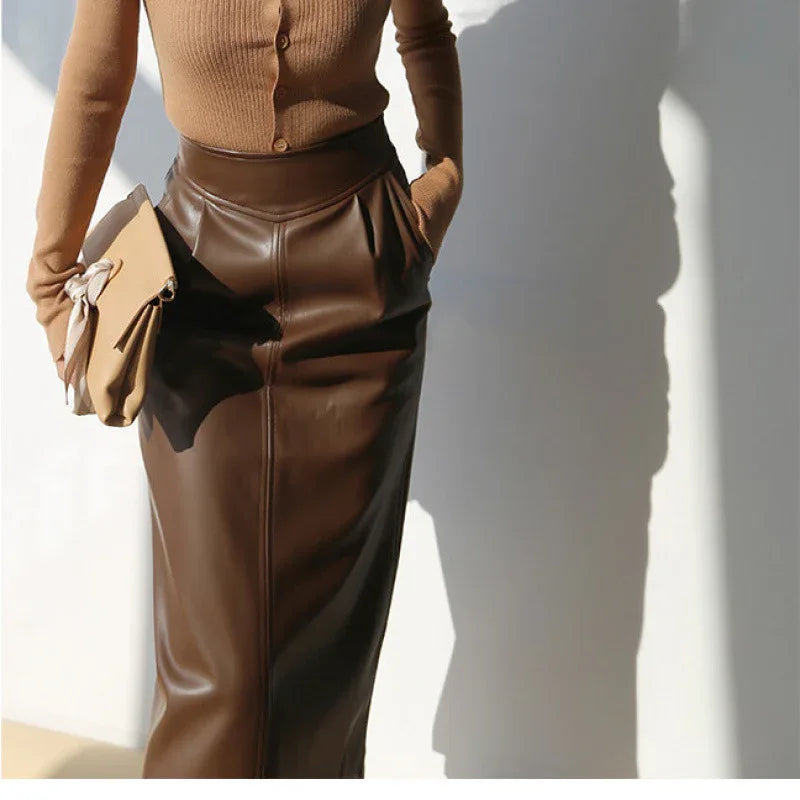 Brown sheepskin mid length bodycon leather skirt with slit