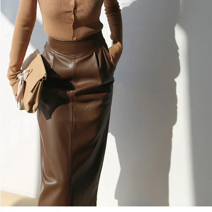 Brown sheepskin mid length bodycon leather skirt with slit