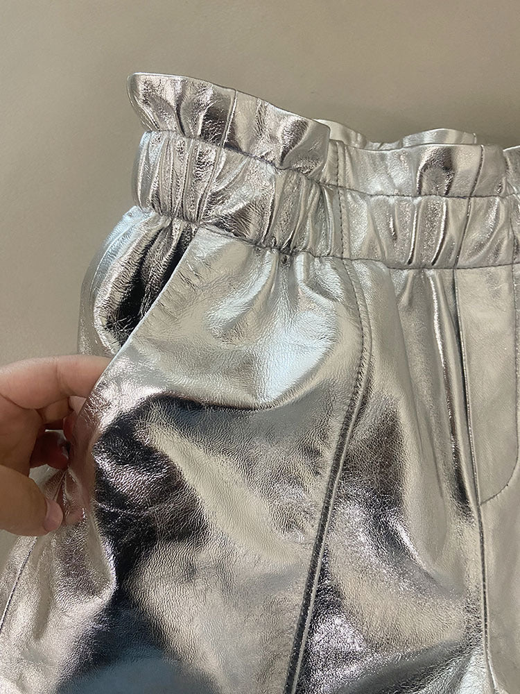 Gold High Waist Women Leather Shorts