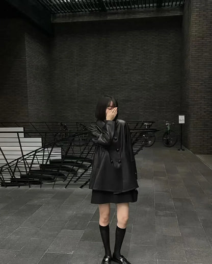 Women Oversized Leather Jacket Double Breasted