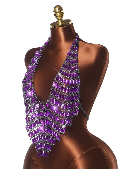 Black Gemstone Bra Top with Layered Body Chains