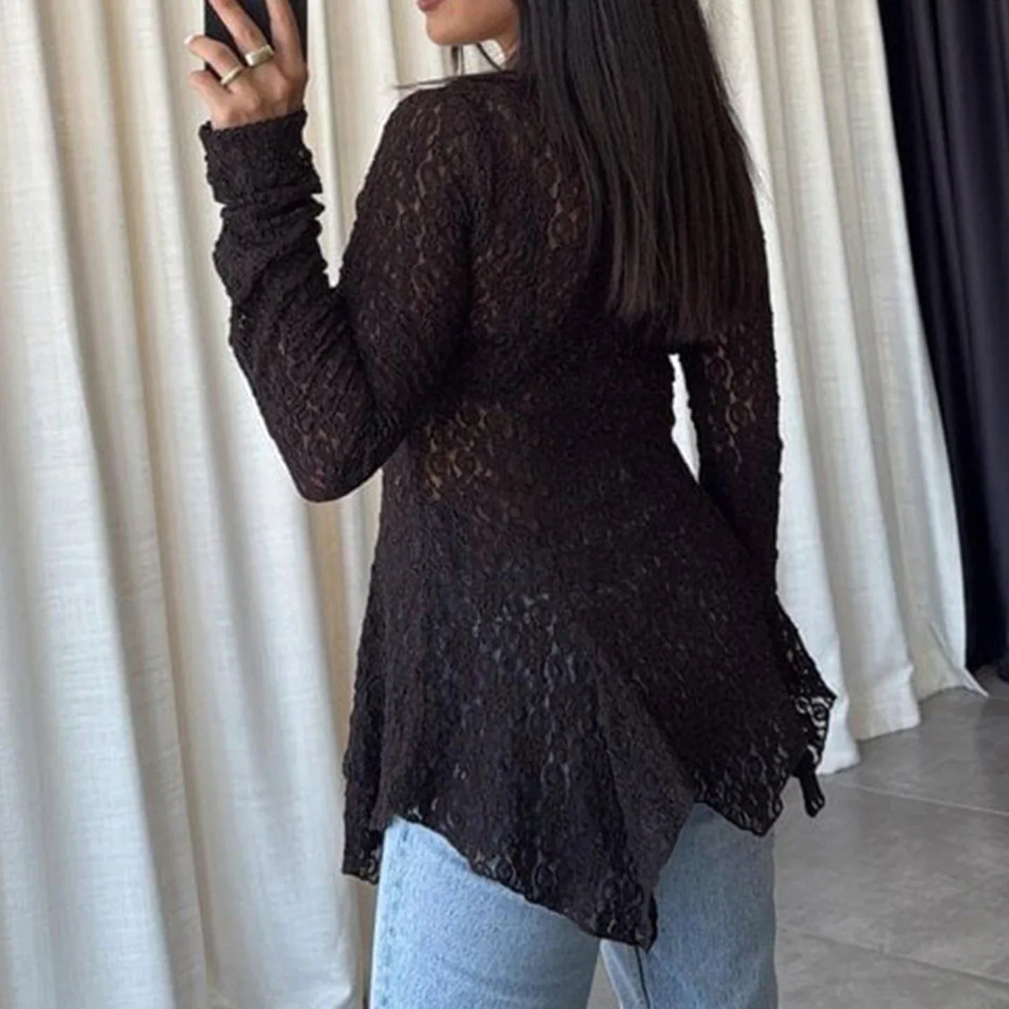 brown lace irregular hem button top cardigan