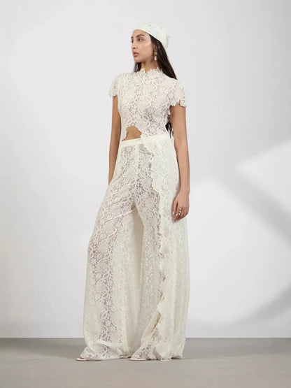 Ivory floral lace straight leg pants set