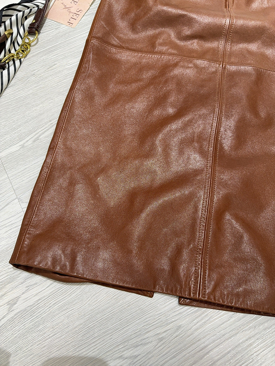 Women’s Real Leather Mid-Length Skirt with Back Slit