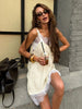 Women’s Cream Lace Trim Spaghetti Strap Slip Mini Dress