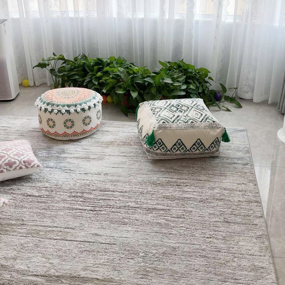 Pouffe Stool with Bohemian Geometric Print and Pom Pom Trim