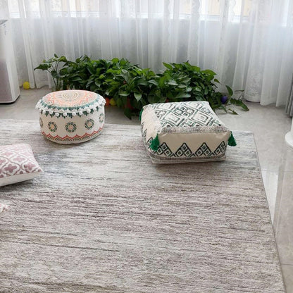 Pouffe Stool with Bohemian Geometric Print and Pom Pom Trim