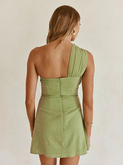 Women’s Green One Shoulder Knot Front Mini Dress