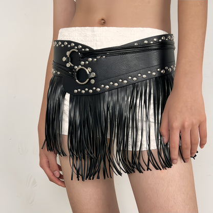 Women black fringe belt skirt high waist studded faux leather wrap