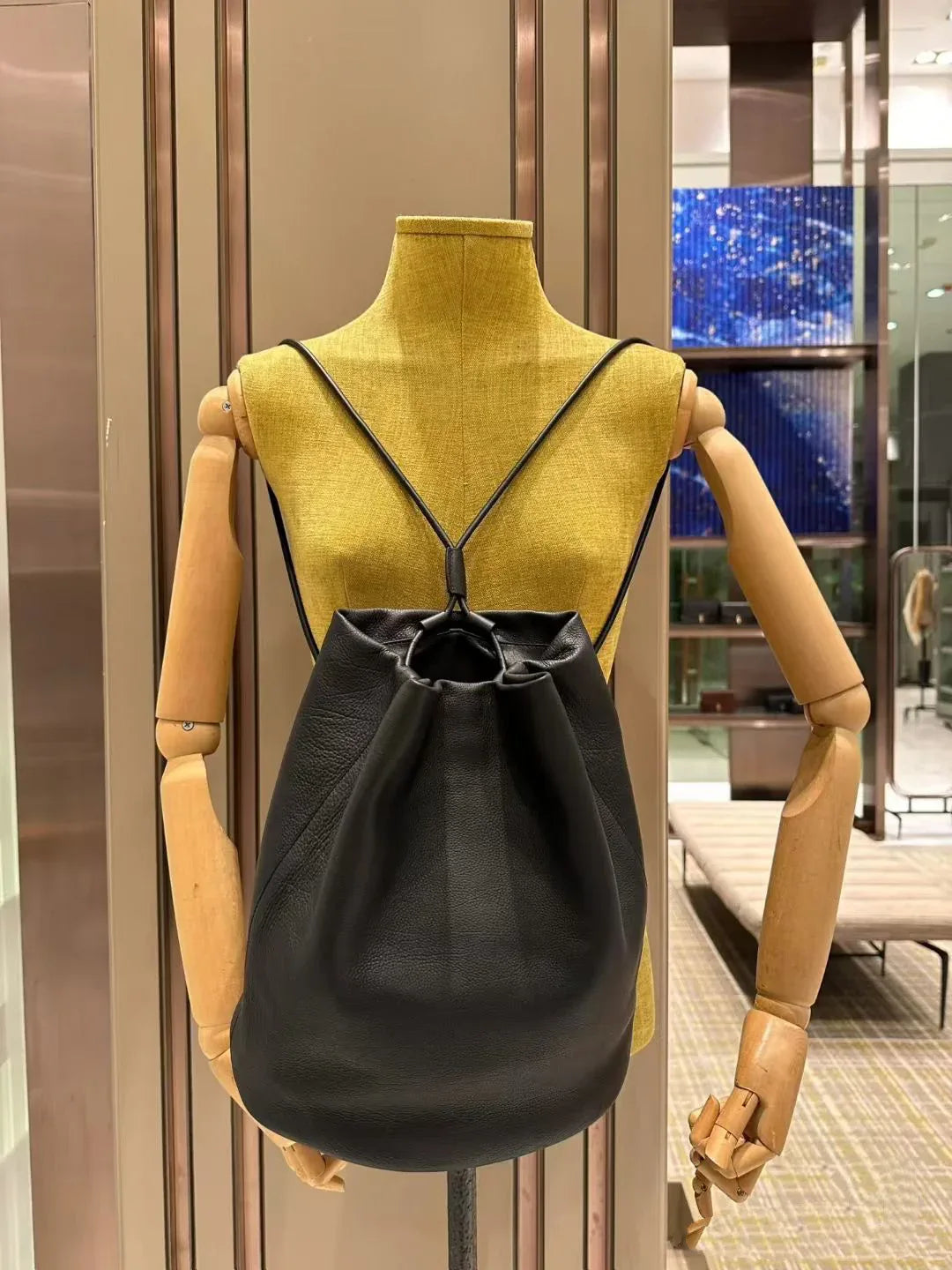 Black Leather Bucket Backpack Purse