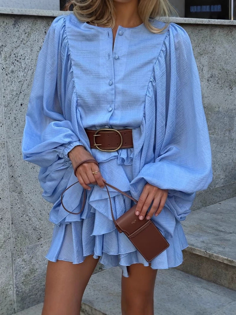 Layered ruffle lantern sleeve mini dress 2 S