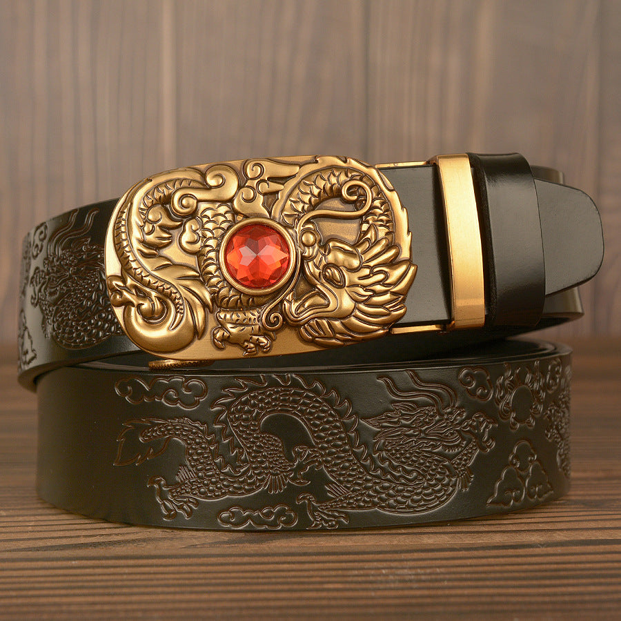 Men Western Dragon Buckle Genuine Leather Belt