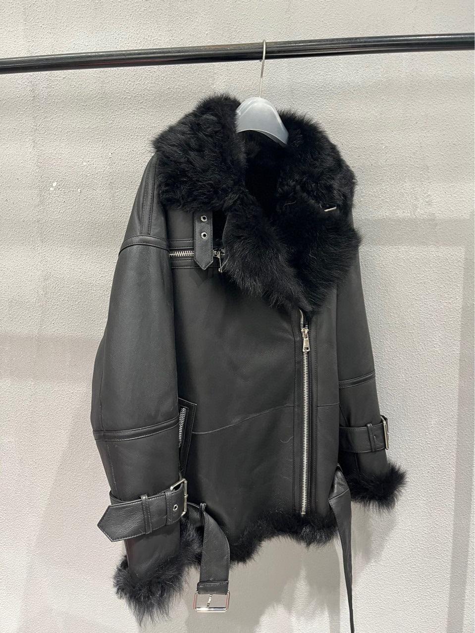 Women Leather Jacket with Real Fur Lining Moto Bomber Style