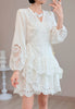 White linen lace v neck resort dress breathable summer mini