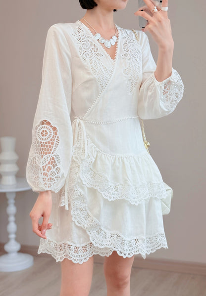 White linen lace v neck resort dress breathable summer mini