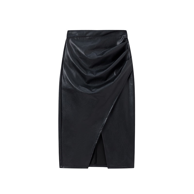 High Waisted PU Leather Wrap Skirt with Slit