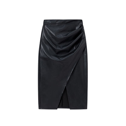 High Waisted PU Leather Wrap Skirt with Slit