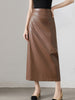 Brown PU Leather High Waist Midi Skirt with Back Slit