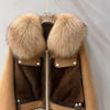 Women Real Fur Bomber Jacket Genuine Sheepskin with Fox Fur Collar