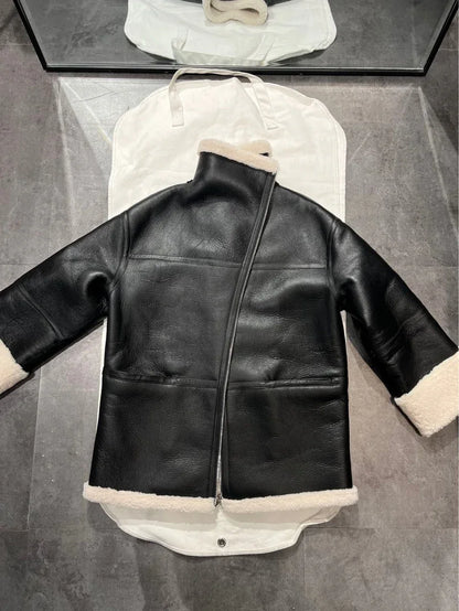 Women Genuine Leather Jacket with Real Fur Bomber Style