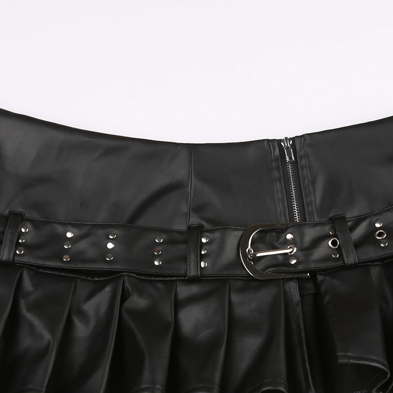 Imitation Leather Belted Mini Skirt