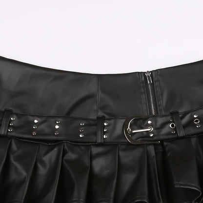 Imitation Leather Belted Mini Skirt